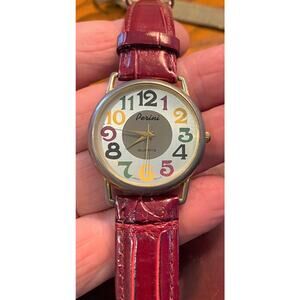 Women's 35mm Gold Tone Perini Watch, Multicolor Dial, Red Leather Band